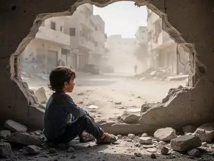 Ein Kind sitzt allein in den Trümmern eines zerstörten Gebäudes und blickt nachdenklich in die Ferne. - Foto: über boerse-global.de