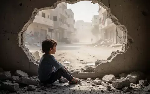 Ein Kind sitzt allein in den Trümmern eines zerstörten Gebäudes und blickt nachdenklich in die Ferne. - Foto: über boerse-global.de
