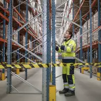 Ein Techniker in Schutzkleidung inspiziert ein industrielles Regalsystem in einem durch Absperrband gesicherten Lagerbereich. - Foto: über boerse-global.de