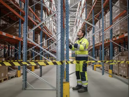 Ein Techniker in Schutzkleidung inspiziert ein industrielles Regalsystem in einem durch Absperrband gesicherten Lagerbereich. - Foto: über boerse-global.de