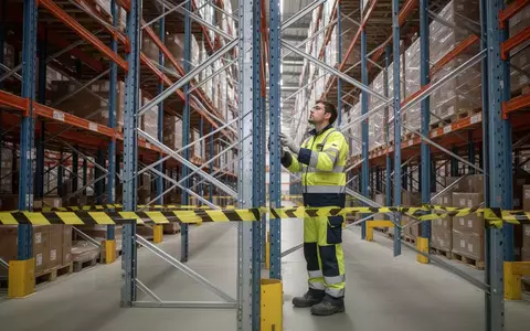 Ein Techniker in Schutzkleidung inspiziert ein industrielles Regalsystem in einem durch Absperrband gesicherten Lagerbereich. - Foto: über boerse-global.de