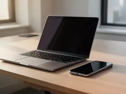 Ein moderner, minimalistischer Arbeitsplatz mit Laptop und Smartphone auf einem Schreibtisch bei natürlichem Tageslicht. - Foto: über boerse-global.de