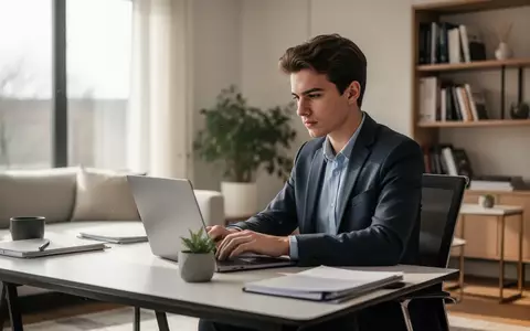 Ein junger Berufstätiger arbeitet in einem modernen, sonnendurchfluteten Homeoffice an einem Laptop. - Foto: über boerse-global.de