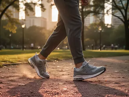 Eine Person geht bei Sonnenlicht zügig durch einen Park, wobei der Fokus auf der Bewegung der Beine und Schuhe liegt. - Foto: über boerse-global.de