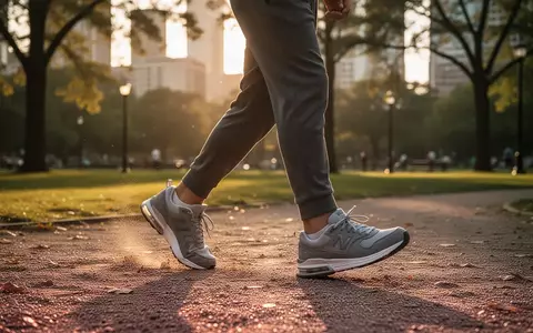 Eine Person geht bei Sonnenlicht zügig durch einen Park, wobei der Fokus auf der Bewegung der Beine und Schuhe liegt. - Foto: über boerse-global.de
