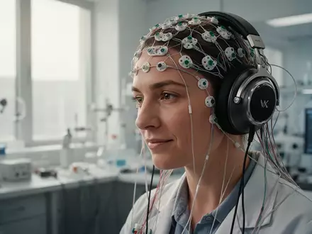 Eine Person mit EEG-Sensoren auf dem Kopf hört in einem modernen Labor Musik zur neurowissenschaftlichen Untersuchung. - Foto: über boerse-global.de