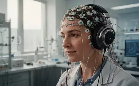 Eine Person mit EEG-Sensoren auf dem Kopf hört in einem modernen Labor Musik zur neurowissenschaftlichen Untersuchung. - Foto: über boerse-global.de