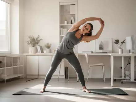 Eine Person führt in einem hellen, modernen Raum eine Übung zur Haltungskorrektur auf einer Fitnessmatte durch. - Foto: über boerse-global.de
