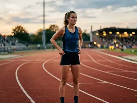 Eine konzentrierte Läuferin in Sportkleidung steht auf einer Tartanbahn in einem Stadion während der Dämmerung. - Foto: über boerse-global.de