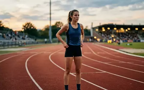 Eine konzentrierte Läuferin in Sportkleidung steht auf einer Tartanbahn in einem Stadion während der Dämmerung. - Foto: über boerse-global.de