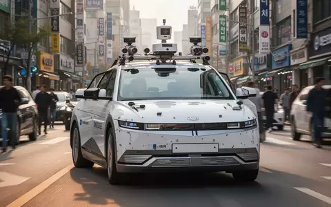 Ein mit Sensoren und Kameras ausgestattetes Testfahrzeug für autonomes Fahren fährt durch eine belebte Straße in Seoul. - Foto: über boerse-global.de