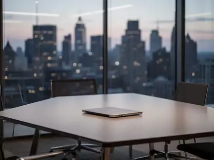 Ein minimalistisches, modernes Büro mit Blick auf eine nächtliche Skyline bei Dämmerung. - Foto: über boerse-global.de