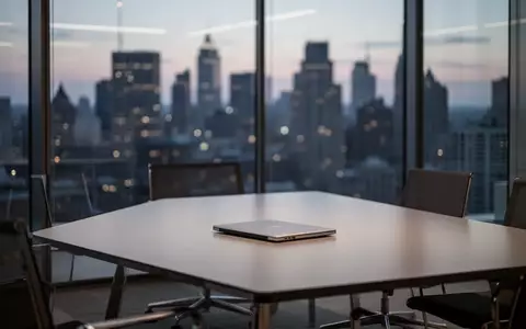 Ein minimalistisches, modernes Büro mit Blick auf eine nächtliche Skyline bei Dämmerung. - Foto: über boerse-global.de