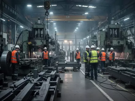 Industrielle Produktionshalle in der deutschen Metallindustrie mit Maschinen und Arbeitern in Arbeitskleidung. - Foto: über boerse-global.de