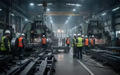 Industrielle Produktionshalle in der deutschen Metallindustrie mit Maschinen und Arbeitern in Arbeitskleidung. - Foto: über boerse-global.de
