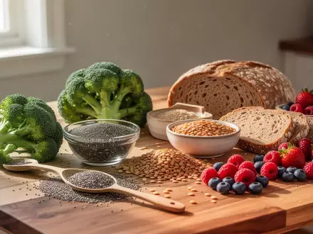 Eine Auswahl an ballaststoffreichen Lebensmitteln wie Vollkornbrot, Hülsenfrüchte, Brokkoli und Beeren auf einem Holztisch. - Foto: über boerse-global.de
