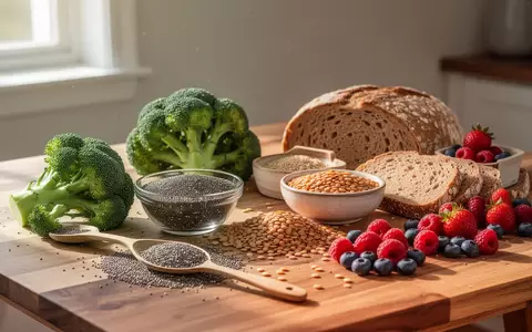 Eine Auswahl an ballaststoffreichen Lebensmitteln wie Vollkornbrot, Hülsenfrüchte, Brokkoli und Beeren auf einem Holztisch. - Foto: über boerse-global.de