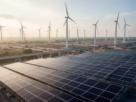 Moderne Windkraftanlagen und Solarpaneele in einer weitläufigen Landschaft als Symbol für globale ESG-Investitionen. - Foto: über boerse-global.de