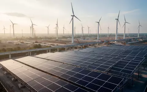 Moderne Windkraftanlagen und Solarpaneele in einer weitläufigen Landschaft als Symbol für globale ESG-Investitionen. - Foto: über boerse-global.de