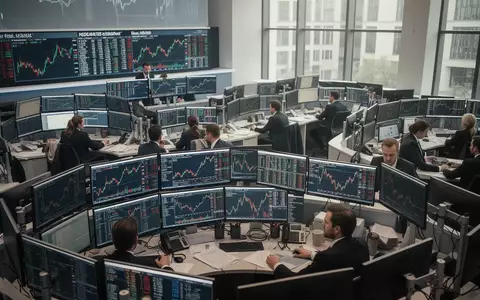 Börsenhändler an ihren Arbeitsplätzen vor Monitoren mit abstrakten Kursverläufen in der Frankfurter Börse. - Foto: über boerse-global.de