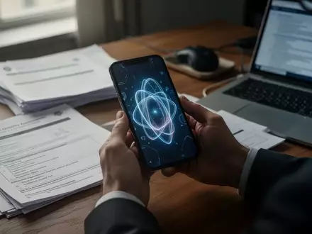Hände halten ein Smartphone an einem Schreibtisch mit Unterlagen zur Hochschulzulassung in einer Büroumgebung. - Foto: über boerse-global.de