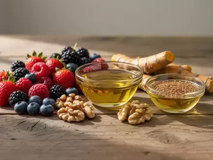 Nahaufnahme von frischen Lebensmitteln wie Beeren, Walnüssen und Kurkuma auf einem Holztisch als Symbol für gesunde Ernährung. - Foto: über boerse-global.de