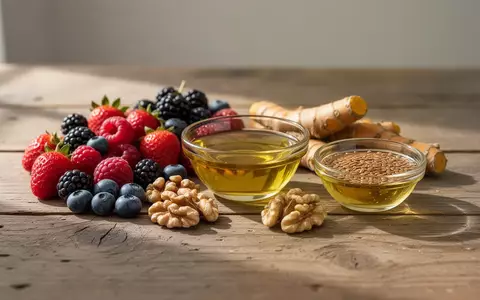Nahaufnahme von frischen Lebensmitteln wie Beeren, Walnüssen und Kurkuma auf einem Holztisch als Symbol für gesunde Ernährung. - Foto: über boerse-global.de