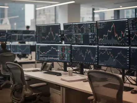 Ein moderner, professioneller Handelsraum in New York mit unscharfen Bildschirmen, die Markttrends zeigen. - Foto: über boerse-global.de