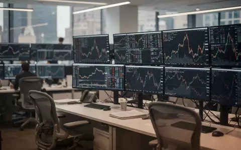 Ein moderner, professioneller Handelsraum in New York mit unscharfen Bildschirmen, die Markttrends zeigen. - Foto: über boerse-global.de