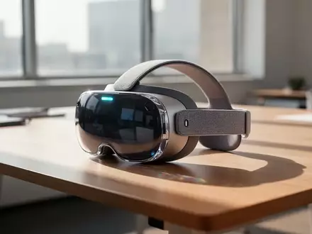Ein Apple Vision Pro Headset auf einem minimalistischen Schreibtisch in einem modernen, hellen Büro. - Foto: über boerse-global.de