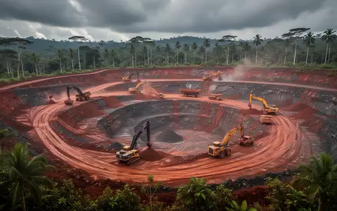 Ein weitläufiger Tagebau mit schwerem Gerät in einer tropischen Berglandschaft unter bewölktem Himmel. - Foto: über boerse-global.de