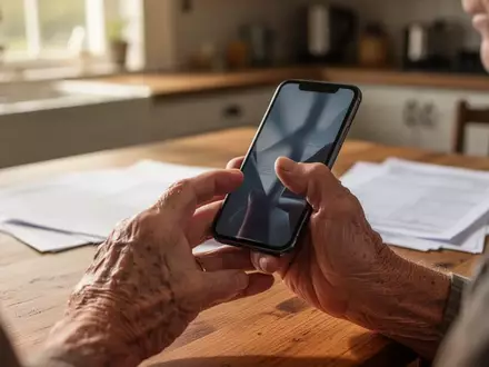Ältere Person mit besorgtem Ausdruck blickt auf ein Smartphone, umgeben von Unterlagen an einem Küchentisch. - Foto: über boerse-global.de