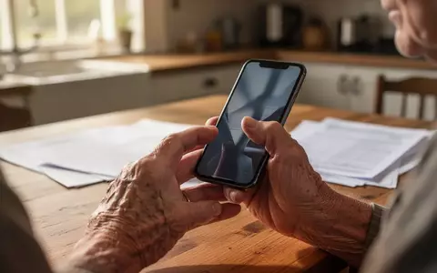 Ältere Person mit besorgtem Ausdruck blickt auf ein Smartphone, umgeben von Unterlagen an einem Küchentisch. - Foto: über boerse-global.de