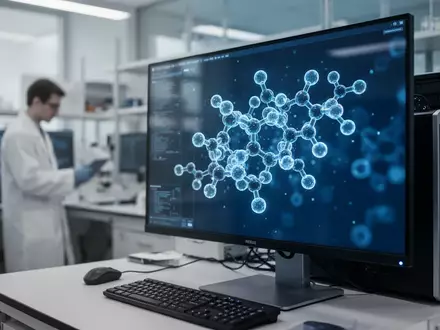 Ein Forscher betrachtet eine komplexe 3D-Visualisierung einer Molekülstruktur auf einem hochmodernen Computerbildschirm. - Foto: über boerse-global.de