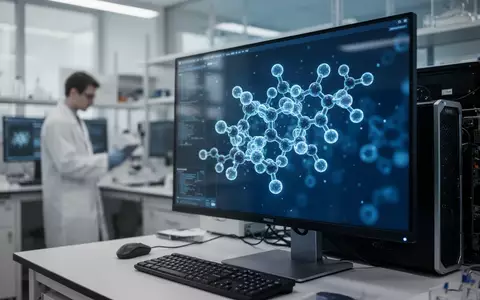 Ein Forscher betrachtet eine komplexe 3D-Visualisierung einer Molekülstruktur auf einem hochmodernen Computerbildschirm. - Foto: über boerse-global.de