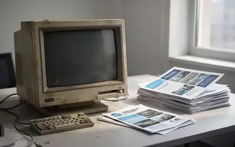 Ein moderner Schreibtisch mit alten Broschüren und einem leeren Computerbildschirm als Symbol für das Ende von Microsoft Publisher. - Foto: über boerse-global.de