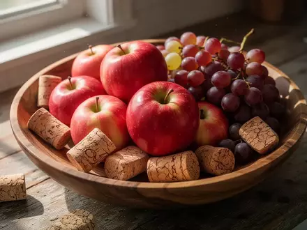 Frische Äpfel und Trauben in einer Holzschale, in der kleine Stücke aus Naturkork zur Insektenabwehr liegen. - Foto: über boerse-global.de
