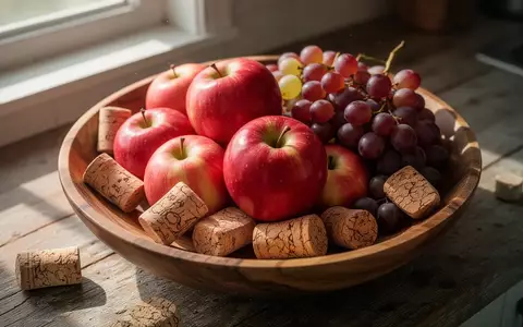 Frische Äpfel und Trauben in einer Holzschale, in der kleine Stücke aus Naturkork zur Insektenabwehr liegen. - Foto: über boerse-global.de