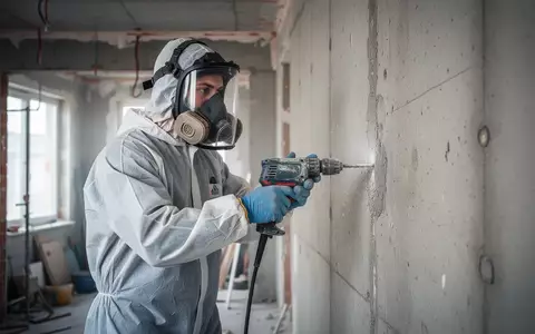 Bauarbeiter in Schutzkleidung bei der fachgerechten Sanierung einer Wand mit asbesthaltigen Materialien. - Foto: über boerse-global.de