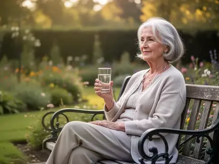 Eine ältere Frau sitzt entspannt auf einer Parkbank in einem Garten und hält ein Glas Wasser. - Foto: über boerse-global.de