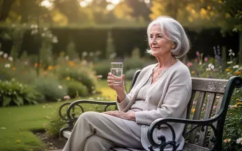 Eine ältere Frau sitzt entspannt auf einer Parkbank in einem Garten und hält ein Glas Wasser. - Foto: über boerse-global.de