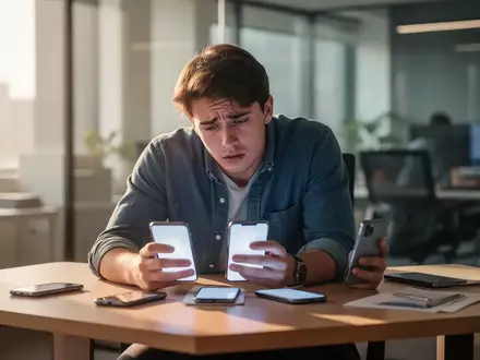 Eine erschöpft wirkende Person sitzt an einem Schreibtisch und blickt abgelenkt auf ihr Smartphone in einer modernen Büroumgebung. - Foto: über boerse-global.de