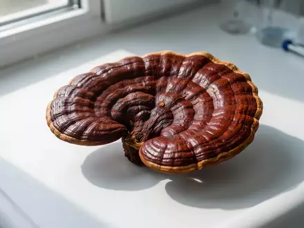 Ein getrockneter Reishi-Heilpilz auf einer sterilen Laboroberfläche bei natürlichem Licht. - Foto: über boerse-global.de