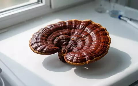 Ein getrockneter Reishi-Heilpilz auf einer sterilen Laboroberfläche bei natürlichem Licht. - Foto: über boerse-global.de