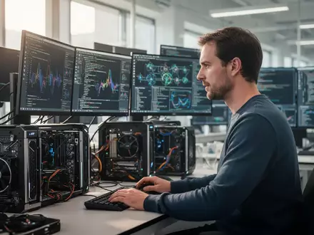 Ein KI-Forscher arbeitet in einem modernen, hellen Technologielabor an einem hochmodernen Computerarbeitsplatz. - Foto: über boerse-global.de