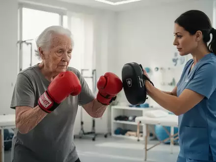 Eine ältere Person mit Boxhandschuhen trainiert konzentriert mit einem Physiotherapeuten in einem modernen Therapieraum. - Foto: über boerse-global.de