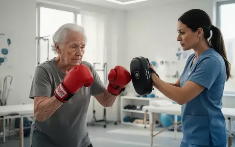 Eine ältere Person mit Boxhandschuhen trainiert konzentriert mit einem Physiotherapeuten in einem modernen Therapieraum. - Foto: über boerse-global.de