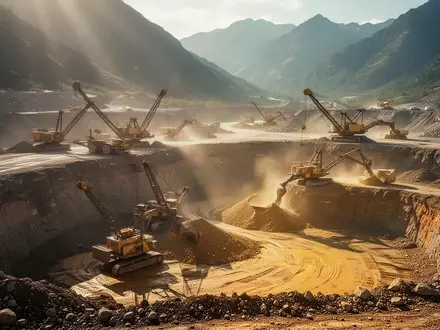 Professioneller Goldbergbau in einer weitläufigen, bergigen Landschaft mit schweren Maschinen bei Tageslicht. - Foto: über boerse-global.de