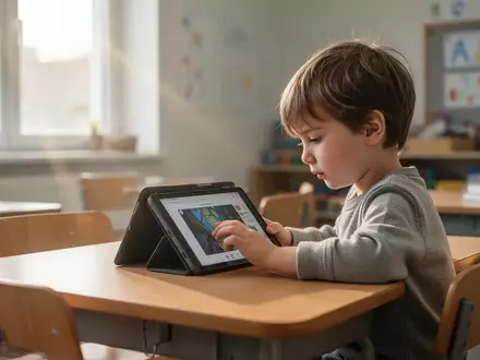 Ein Kind arbeitet konzentriert an einem Tablet in einem hellen, modernen Klassenzimmer. - Foto: über boerse-global.de