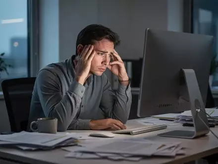 Erschöpfter Büroangestellter am Schreibtisch vor einem Computerbildschirm, der sich müde an die Schläfe fasst. - Foto: über boerse-global.de